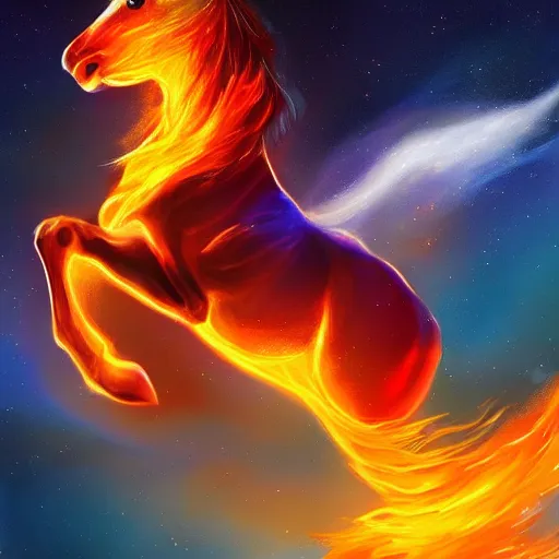 Image similar to horse flying through the cosmos on fire, painting, Artstation