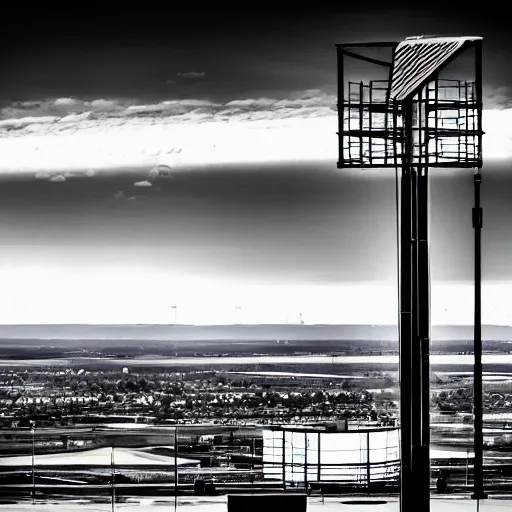 Image similar to aircraft control tower looking out to an airport, black and white, comic book style, insanely detailed, very intricate, high contrast