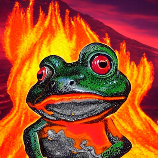 Image similar to frog screaming at an ocean of lava split in two