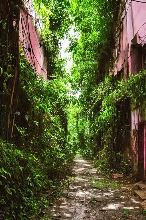 Image similar to abandoned sri lankan city street alley, overgrown greenery, photograph