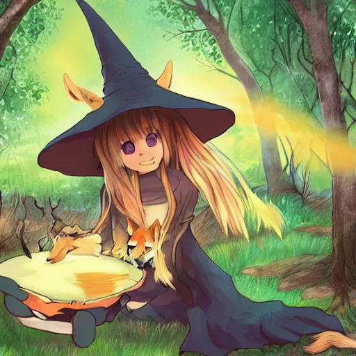 Prompt: a young witch with a wide brim witch hat in a forest clearing summoning a glowing magic fennec fox, anime style