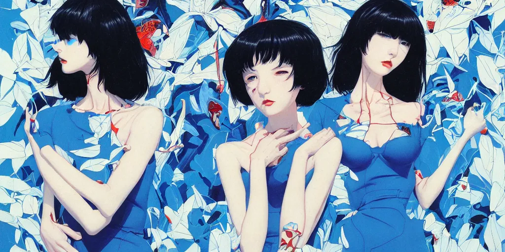 Image similar to perfect blue illustration by james jean and satoshi kon and erik jones, inspired by evangelion, smooth feature, intricate oil painting, high detail illustration, sharp high detail, international klein blue