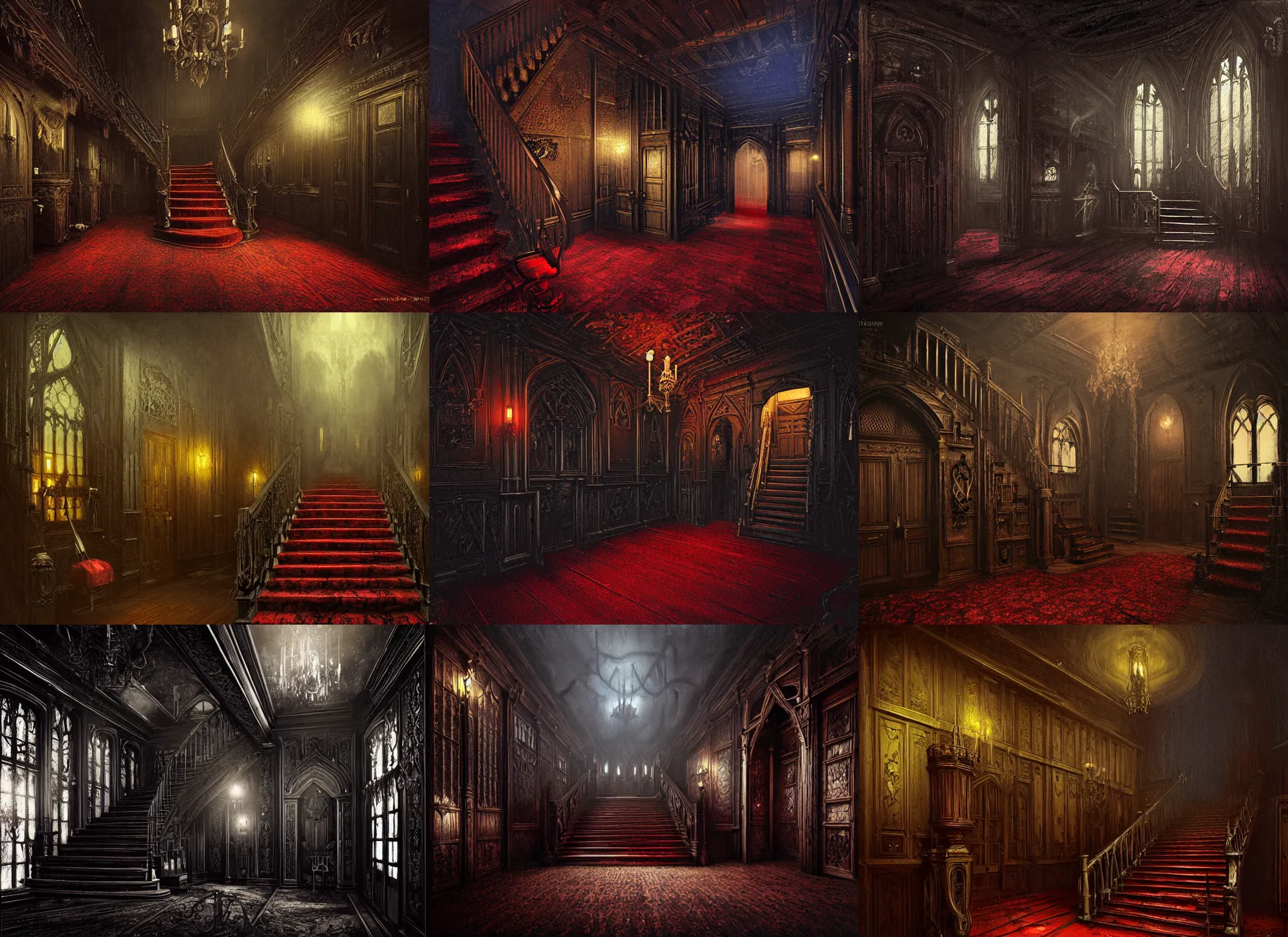 Prompt: gothic mansion hall with stair and red carpet, wooden floor, darkness, evil, creepy, science, 1 9 century, hard atmosphere, lovercraft, insmouth, tentacles, artwork, paint, blue tones, detailed, by bastien lecouffe deharme, by jeremy mann, by alexander fedosav