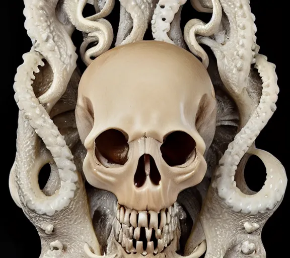 Image similar to an intricately detailed carving in an alien - octopus skull, rococo ornate bone and ivory sculpted skull with teeth and tentacles, horror, artifact, micro detailed, inscribed with occult symbols, otherworldly