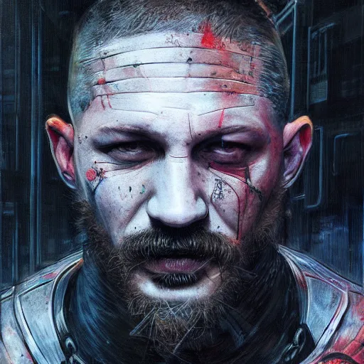 Image similar to tom hardy, cyborg, implant, hacker, cyberpunk, painted by seb mckinnon, high detail, dramatic light, digital art, painted by greg rutkowski, promotional movie posterart, trending on artstation