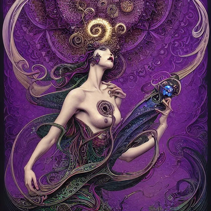 Image similar to depicting a beautiful lovecraftian female priestess, in the style of joe fenton, dynamic energetic pose, exuberant organic elegant forms, by karol bak and filip hodas : : 1. 4 purple, red, blue, green, black intricate mandala explosions : : intuit art : : turbulent energy backdrop : : damask wallpaper : : atmospheric