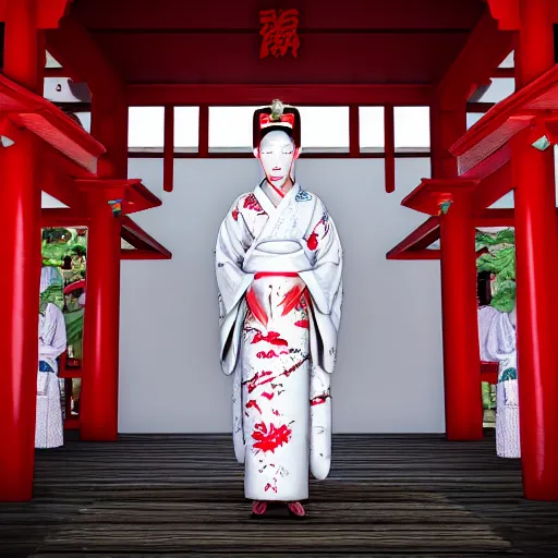 Prompt: beautiful albino maiko traditionsl hakama in a pagoda, detailed, jewelry, sakura,photograph, award wining, red and white, trending on artstation, punk attitude, 4k, unreal engine 5, octane render, neon highlights