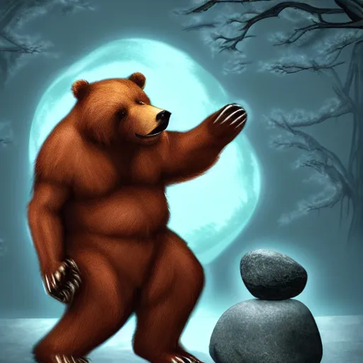Image similar to fantasy digital art of an evil bear with human hands and fingers holding rocks.