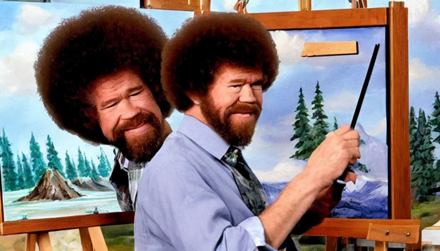 Image similar to bob ross snorting a fat line of cocaine with a beautiful landscape painting on an easel behind him