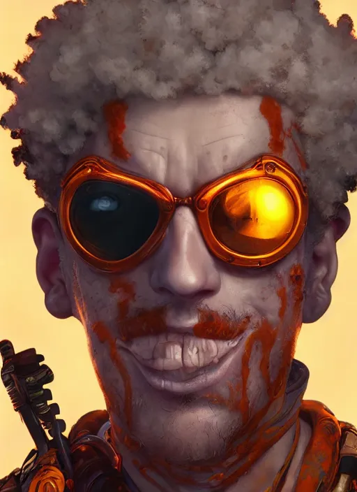 Image similar to heatwave portrait of curly orange hair man from borderlands 3, au naturel, hyper detailed, digital art, trending in artstation, cinematic lighting, studio quality, smooth render, unreal engine 5 rendered, octane rendered, art style by klimt and nixeu and ian sprigger and wlop and krenz cushart.