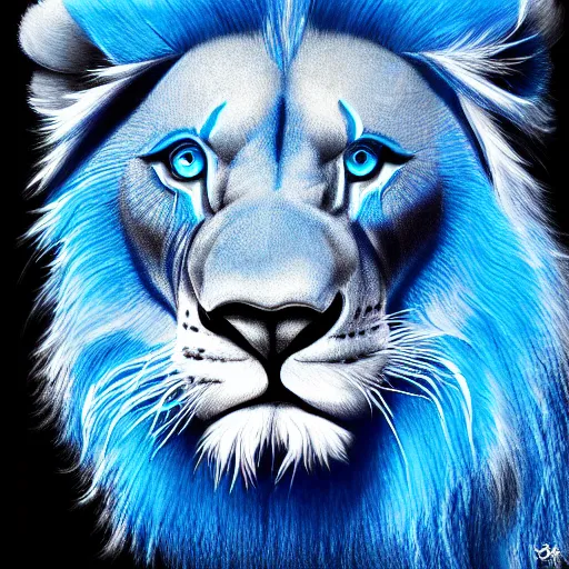 Prompt: blue lion with glowing blue eyes, black background, blue mist, realistic, detailed