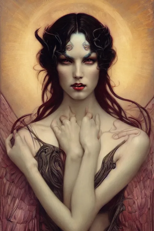 Prompt: Lucifer by Tom Bagshaw in the style of Gaston Bussière, art nouveau, art deco