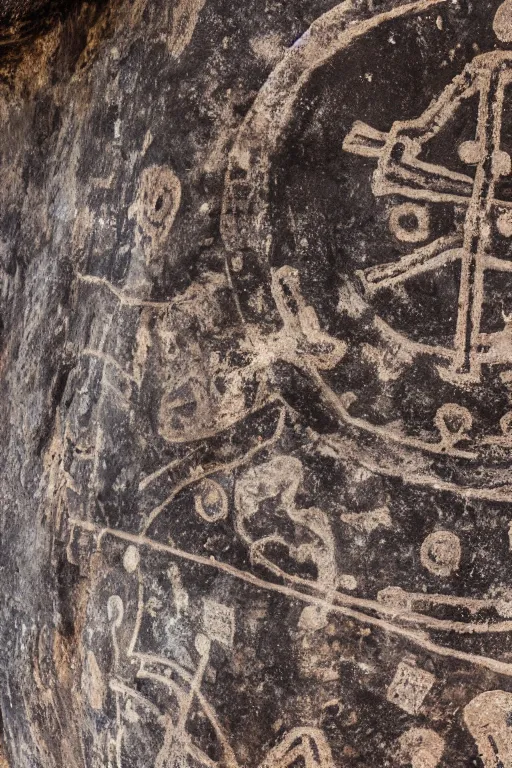 Image similar to 4 k photography of petroglyphs representing crosses, ufo, yin yang symbol on a cave