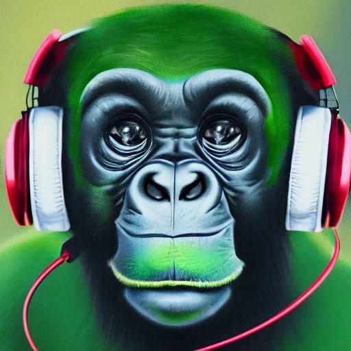 Image similar to a high quality photo of a green chimp wearing headphones, realism, 8k