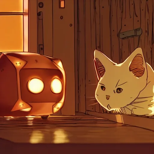 Prompt: a playful robotic cat playing with a ball made out of copper, studio ghibli, extremely detailed, cozy, cabin interior, cinematic lighting, cute,