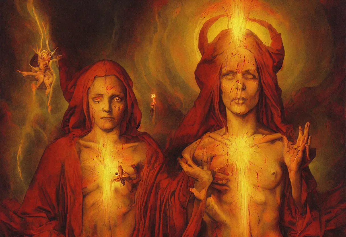 Prompt: portrait of holy mary bleeding from her womb, burning in hell, divine ray over her head, colorfully background with demons, highly detailed face, by rutkowsky and gerald brom and frazetta and rembrandt