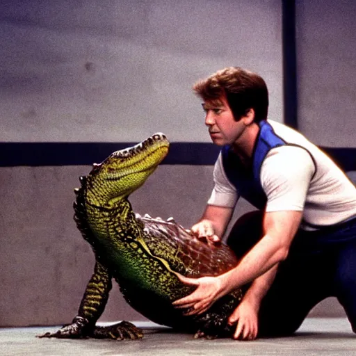 Image similar to jim halpert wrestling an alligator 8 0 s movie still action