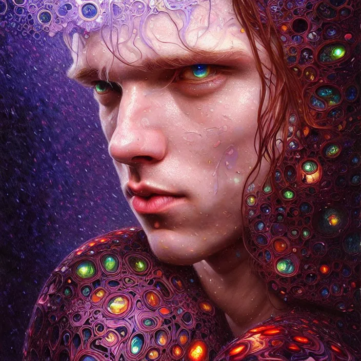 Image similar to psychedelic rainfall Tom Holland, diffuse lighting, fantasy, intricate, elegant, highly detailed, lifelike, photorealistic, digital painting, artstation, illustration, concept art, smooth, sharp focus, art by John Collier and Albert Aublet and Krenz Cushart and Artem Demura and Alphonse Mucha