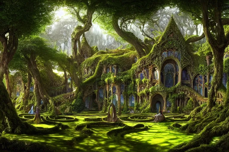 Prompt: a beautiful and highly detailed digital painting of an elven palace in a beautiful garden in a mystical forest, ethereal psychedelic patterns, celtic trees, intricate details, epic scale, insanely complex, artstation, cgsociety, 8 k, sharp focus, hyperrealism, by caspar friedrich, albert bierstadt, james gurney, brian froud,
