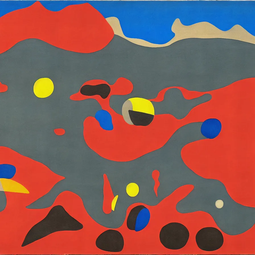 Prompt: a scuba divers is swimming alone in a giant pool surrounded by red desert sand ; mountain range in the background. the sky is cloudless. surrealist painting, jean arp, max ernst, andre masson, yves tanguy, salvador dali