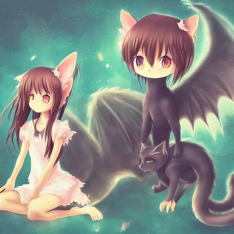 Image similar to cute, full body, female, anime style, a cat girl with fairy wings patting a small dragon, large eyes, beautiful lighting, sharp focus, simple background, creative, heart effects, filters applied, illustration