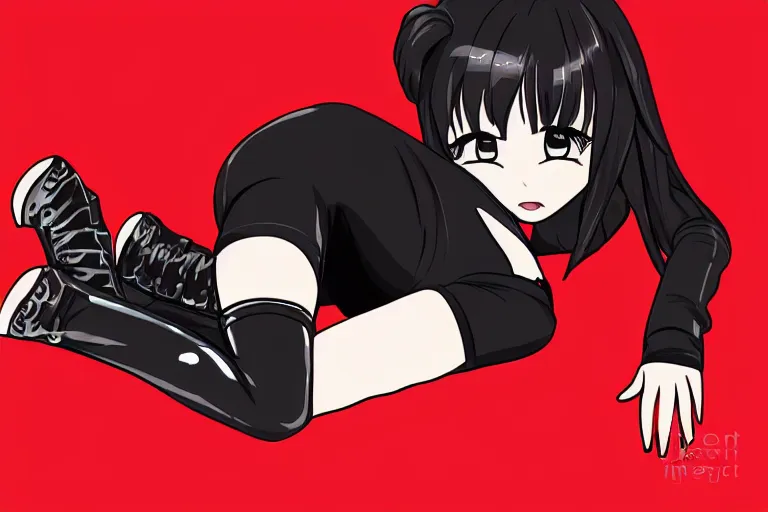 Image similar to a girl laying on her knees, wearing a black outfit with red trim, vector shaded anime style, detailed anime digital art, 4 k