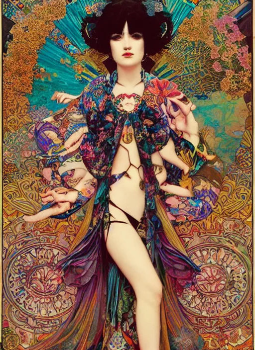 Image similar to cute punk goth fashion hippy fractal tattooed Carnival girl wearing kimono posing by Zhang Jingna, psychedelic poster art of by Victor Moscoso Rick Griffin Alphonse Mucha Gustav Klimt Ayami Kojima Amano Charlie Bowater, masterpiece