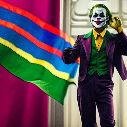 Image similar to the joker waving a rainbow flag