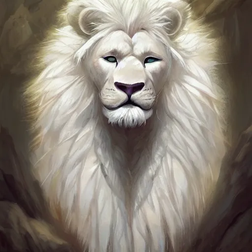 Image similar to aesthetic portrait commission of a albino male furry anthro lion wearing caveman clothing, cozy atmosphere, hyperdetailed. character design by charlie bowater, ross tran, artgerm, and makoto shinkai, detailed, inked, western comic book art, 2 0 2 1 award winning painting