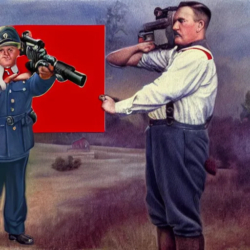 Prompt: back to back picture of a farm boy holding a red gun pointing at adolf hitler who is wearing a woman's dress, realism, 4 k, award winning photograph