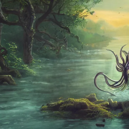 Prompt: a cinematic painting of alien tentacles emerging from the water of a river, a single godly like figure stands on the riverbed watching, fire blowing the leaves from the trees