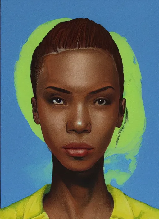 Image similar to An sci-fi comic book style portrait painting of a short, dark-skinned, slender soldier girl wearing a gold and green shirt with short auburn hair that comes almost to her shoulders with brown eyes that look almost black with flecks of gold in them. The girl has a medium-sized scar on the upper right side of her head, unreal 5, DAZ, hyperrealistic, octane render, cosplay, RPG portrait, dynamic lighting