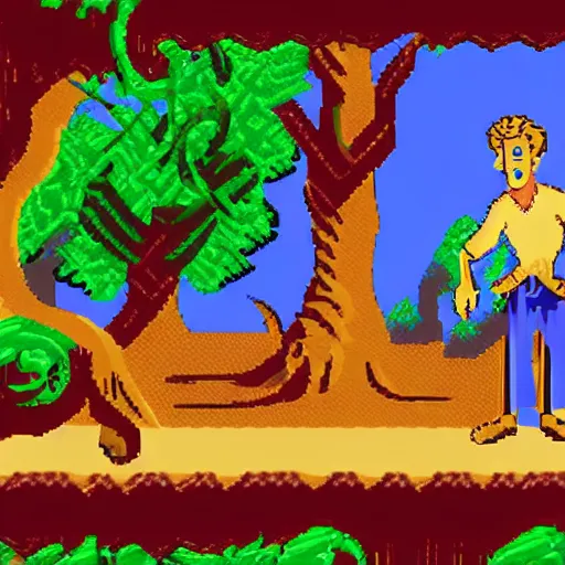 Image similar to Guybrush Threepwood discovers the secret of Monkey Island. High resolution Pixel art.