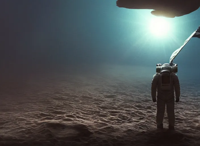 Image similar to astronaut holding a flag in an underwater desert. a submarine is visible in the distance. dark, concept art, cinematic, dramatic, atmospheric, 8 k, trending on artstation, blue, fish, low visibility, fog, ocean floor, christopher nolan, interstellar