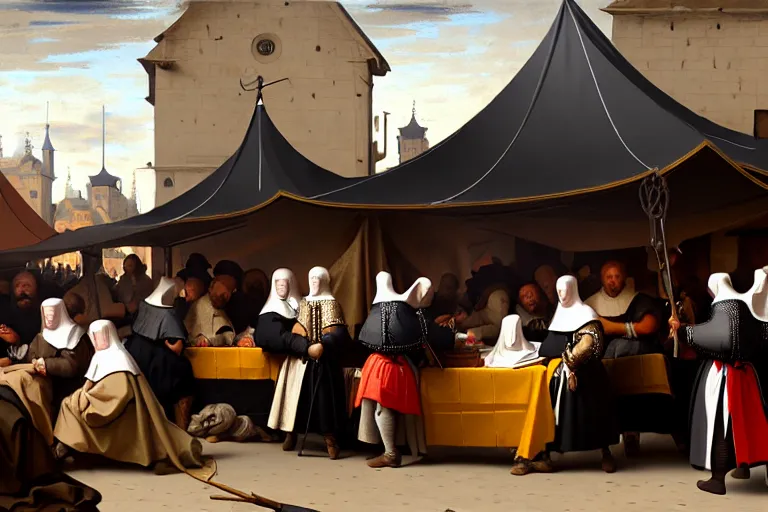 Image similar to A tent of a medieval market on detail selling mobile phones!!!!!! Some people walking around, close-up, trending on artstation, hyper detailed, sharp, baroque painting, painted by Velazquez