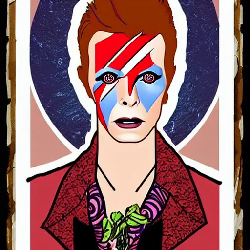 Image similar to david bowie as aladdin sane, mucha style,