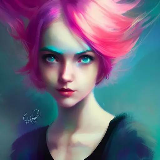 Image similar to colorful and festive captivating teenager girl with pink hair, cyan top crop, black skirt, black leggings, cute look. rich vivid colors, ambient lighting, dynamic lighting, 4 k, atmospheric lighting, painted, intricate, highly detailed by charlie bowater