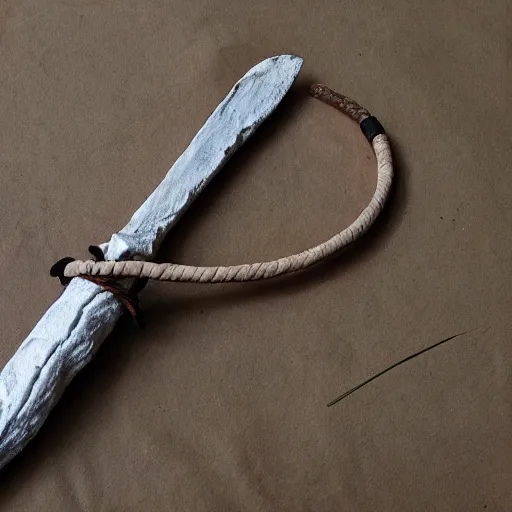 Prompt: “primitive bone dagger with leather cord wrapped around the handle”