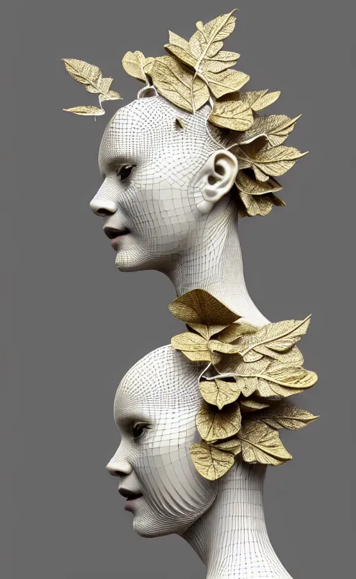 Image similar to complex 3d render of a beautiful porcelain profile woman face, vegetal dragon cyborg, 150 mm, beautiful natural soft light, rim light, silver gold details, magnolia leaves and stems, roots, fine lace, maze like, mandelbot fractal, anatomical, facial muscles, cable wires, microchip, elegant, highly detailed, white metallic armour, octane render, black and white, H.R. Giger style