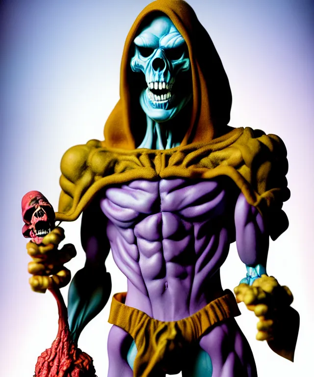 Image similar to hyperrealistic rendering, skeletor, by art of skinner and richard corben and jeff easley, product photography, action figure, sofubi, studio lighting, colored gels