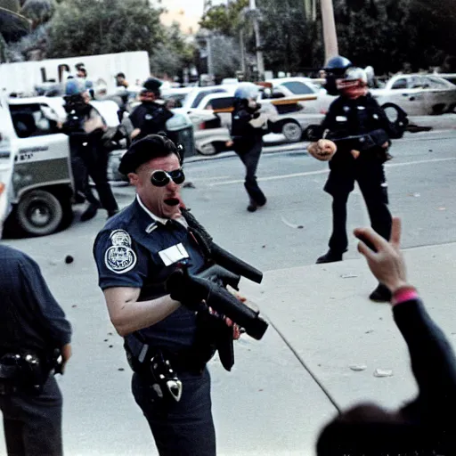 Image similar to selfie of a cop eating a donut with a riot taking place behind him, los angeles 1 9 9 2,