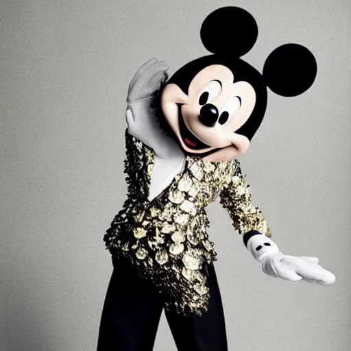 Image similar to a beautiful young japanese male wearing iris van herpen mickey mouse couture, photographed by erwin olaf