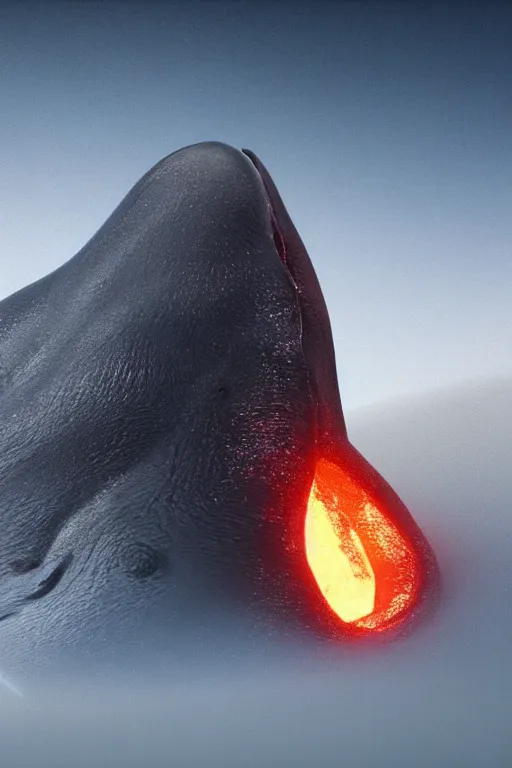 Image similar to a octane render of volcano and a tiny whale inside a boel, close - up studio photo, lighting path traced, highly detailed, high quality, hyper - realistic, max accurate,