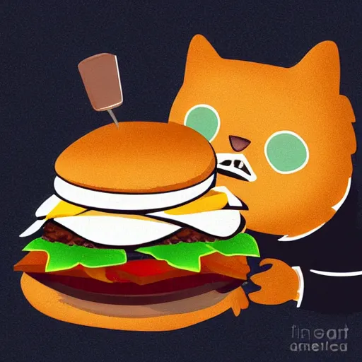 Image similar to cute fat cat eating a burger, digital art,concept art,no noise