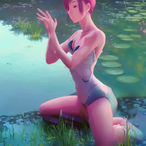 Image similar to fantasy woman girl kneeling in a pond miss attractive eye catching official fanart behance hd artstation by Rossdraws and Jesper Ejsing, by Makoto Shinkai and Lois van baarle, ilya kuvshinov, portrait soft pink theme