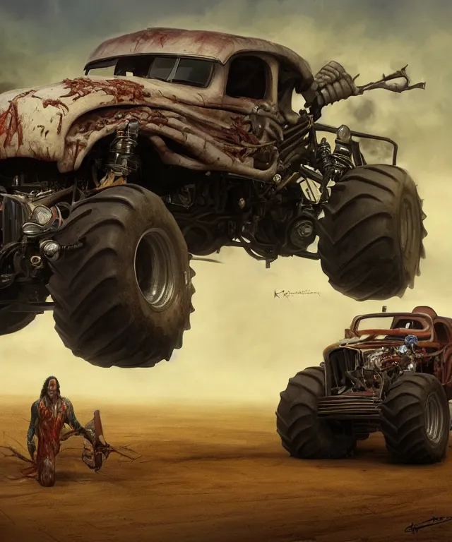 Prompt: danny trejo, cinematic, driving monster truck grave digger, elegant, highly detailed, digital painting, artstation, smooth, hard focus, illustration, art by jessica rossier and and brian froud