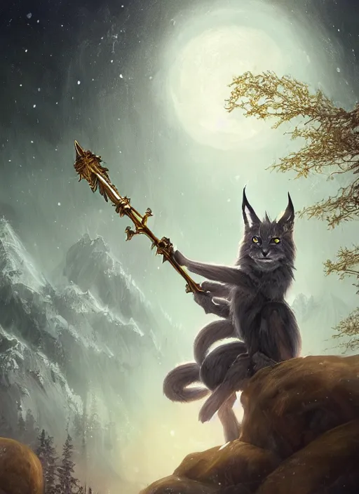 Image similar to fantasy art by charlie bowater and yoshitaka amano, lynx holding a golden intricately decorated shiny scepter, night, spruce trees on the sides, mountains in the background, eerie dark atmosphere, moonlit, back light