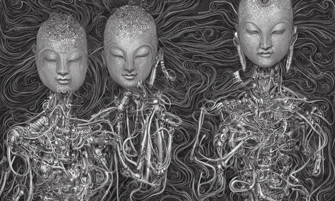 Image similar to perfectly a biomechanical android alien robot female buddha with, flowing hair, intense stare, sarcastic smile, teaching humans on enlightenment, concept art, intricate detail, volumetric shadows and lighting, oil painting by alex grey and gustave dore,