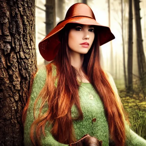 Prompt: beautiful woman with copper hat in mystic forest