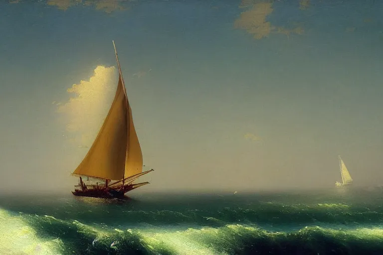 Image similar to a painting of a sailboat in the ocean by ivan aivazovsky, deviantart, american scene painting, matte painting, oil on canvas, deviantart